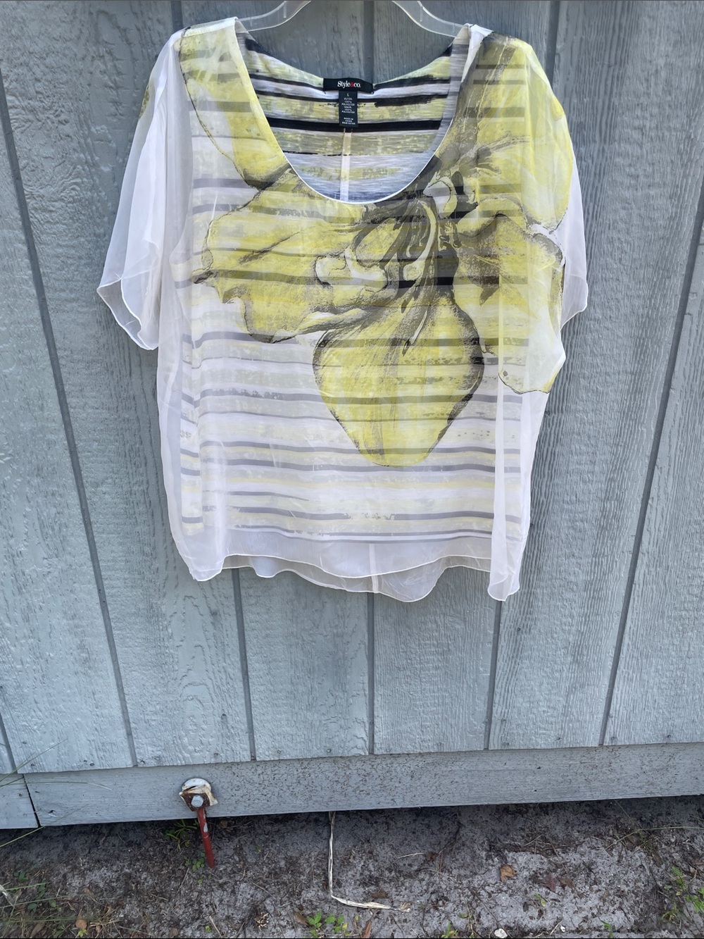 Style & Co. Sheer White Blouse with Yellow Floral and Gray Stripes